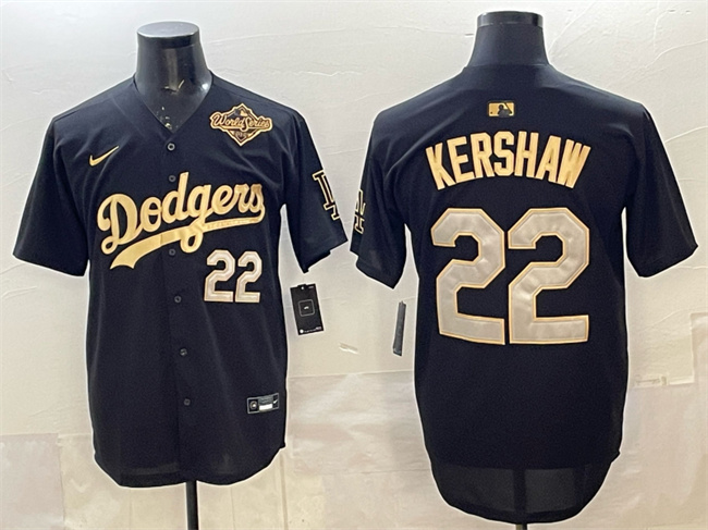 Men's Black Gold Los Angeles Dodgers #22 Clayton Kershaw 2025 World Series Patch Limited Stitched Baseball Jersey